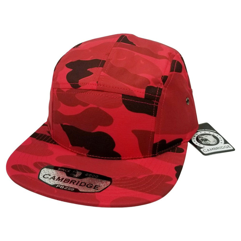 A pack of 6 CAMBRIDGE SHINY CAMO CAMPER hats featuring a shiny camouflage design, flat visor, and high-profile shape, made from 100% polyester.