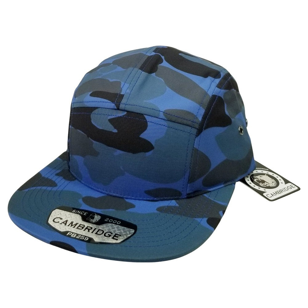 A pack of 6 CAMBRIDGE SHINY CAMO CAMPER hats featuring a shiny camouflage design, flat visor, and high-profile shape, made from 100% polyester.