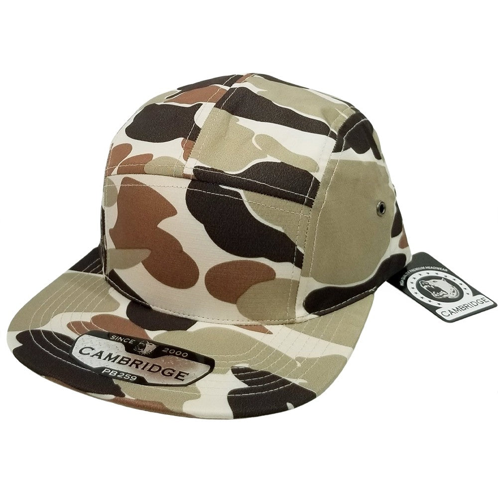 A pack of 6 CAMBRIDGE SHINY CAMO CAMPER hats featuring a shiny camouflage design, flat visor, and high-profile shape, made from 100% polyester.