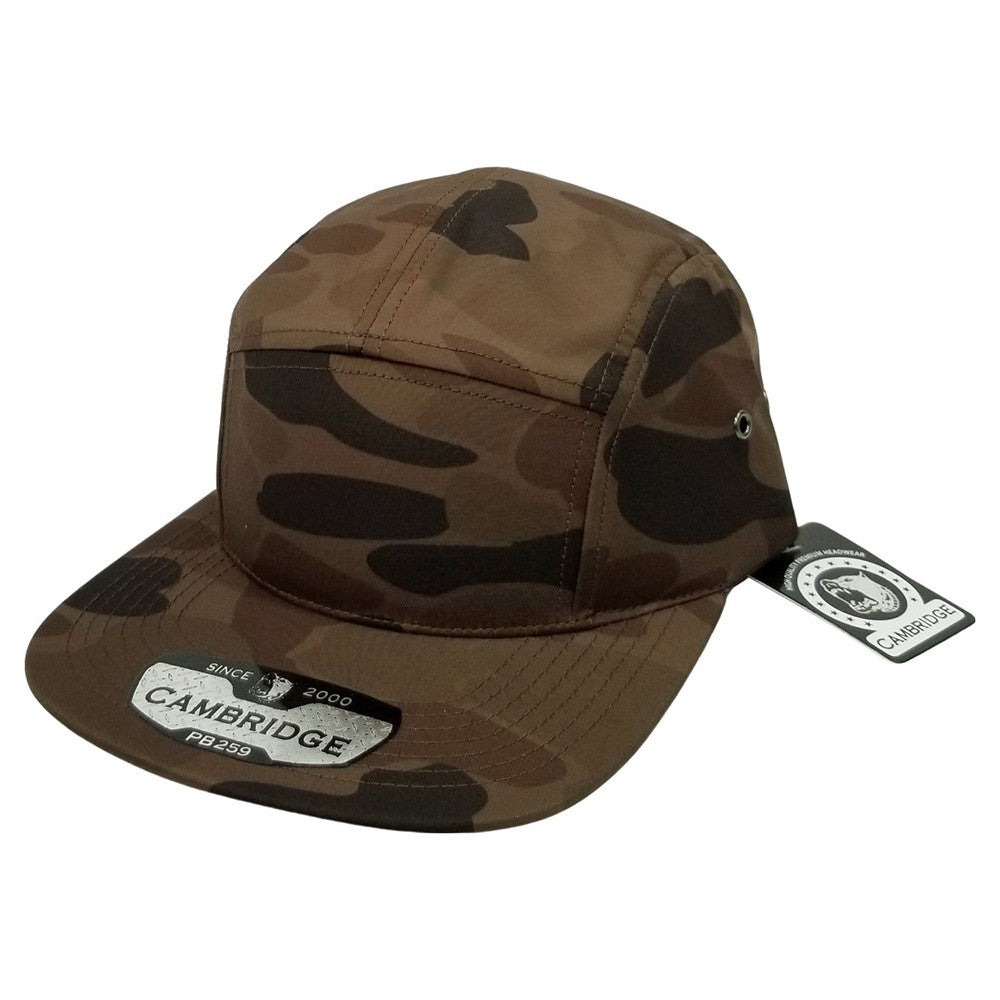 A pack of 6 CAMBRIDGE SHINY CAMO CAMPER hats featuring a shiny camouflage design, flat visor, and high-profile shape, made from 100% polyester.