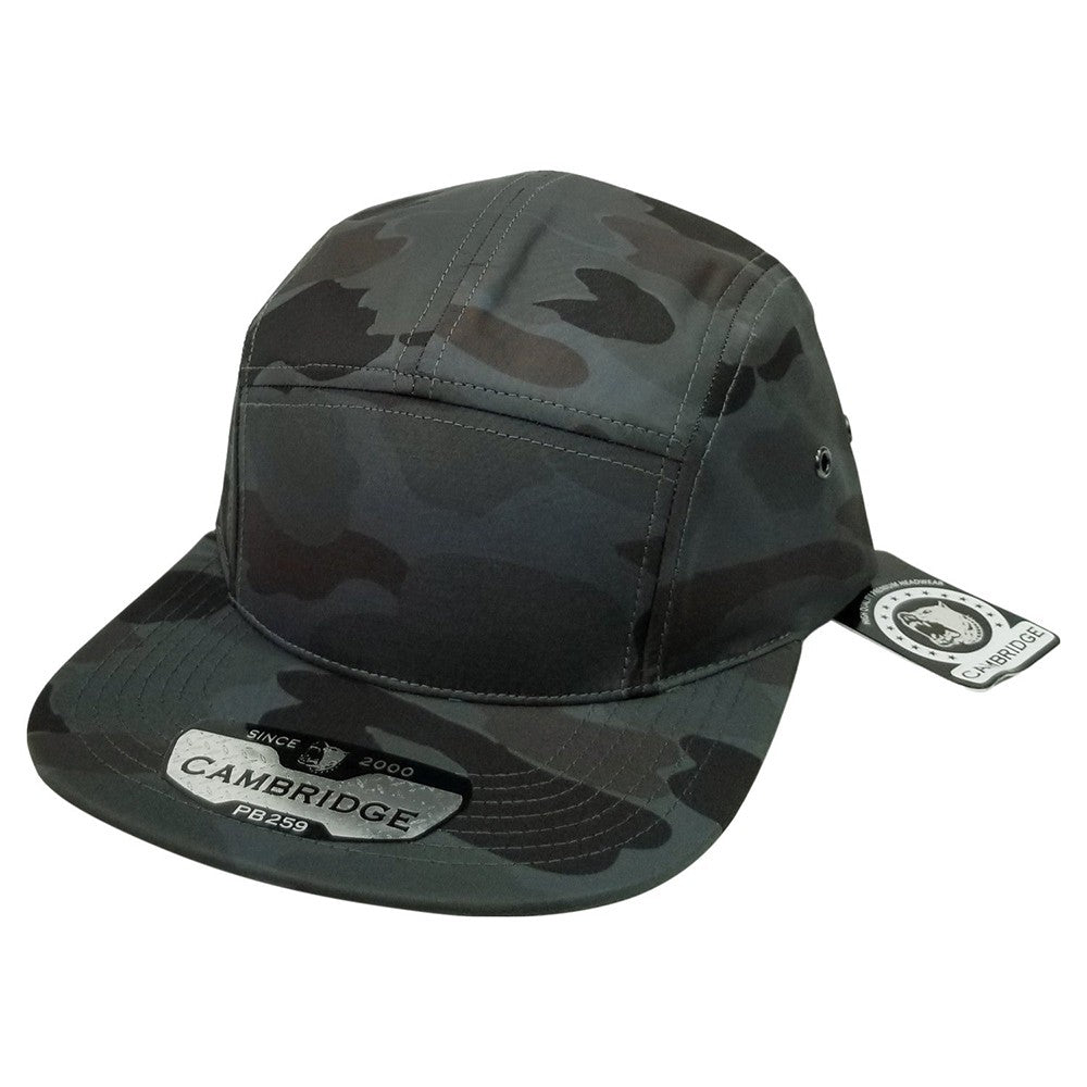 A pack of 6 CAMBRIDGE SHINY CAMO CAMPER hats featuring a shiny camouflage design, flat visor, and high-profile shape, made from 100% polyester.