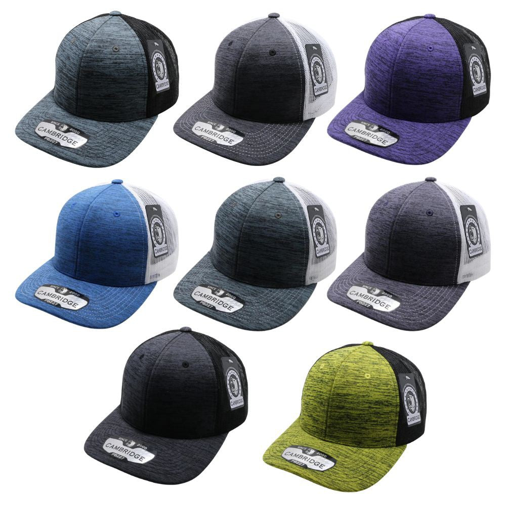 A pack of 6 Cambridge Space Dyed Mesh Trucker Hats featuring a stylish design and durable polyester material.