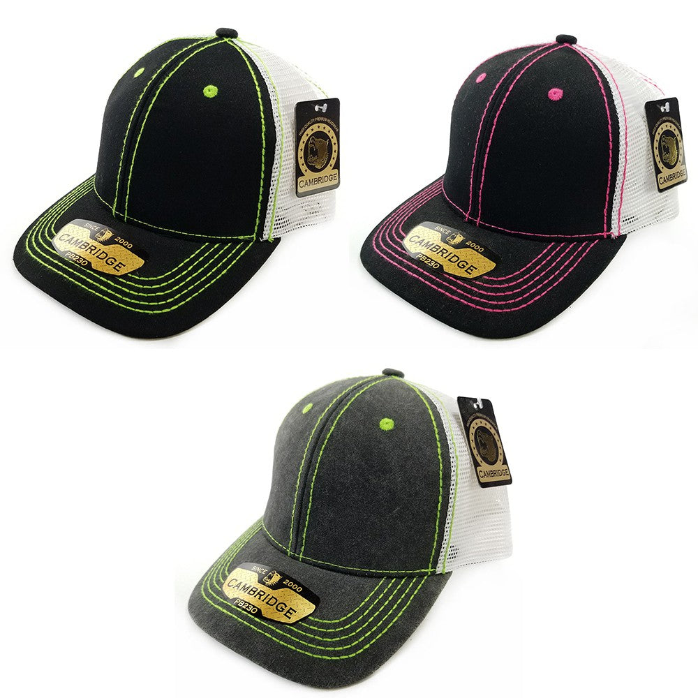 Pack of 6 Cambridge Structured Trucker Hats in various colors with a low profile and curved visor.