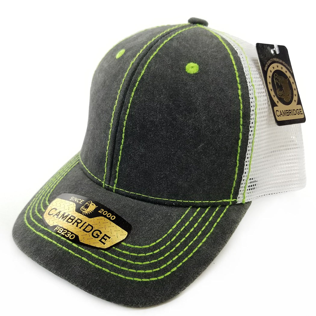 Pack of 6 Cambridge Structured Trucker Hats in various colors with a low profile and curved visor.