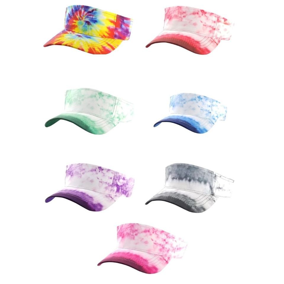 A colorful pack of six Cambridge Tie Dye Sun Visors, showcasing vibrant patterns and a classic design with adjustable snap closures.