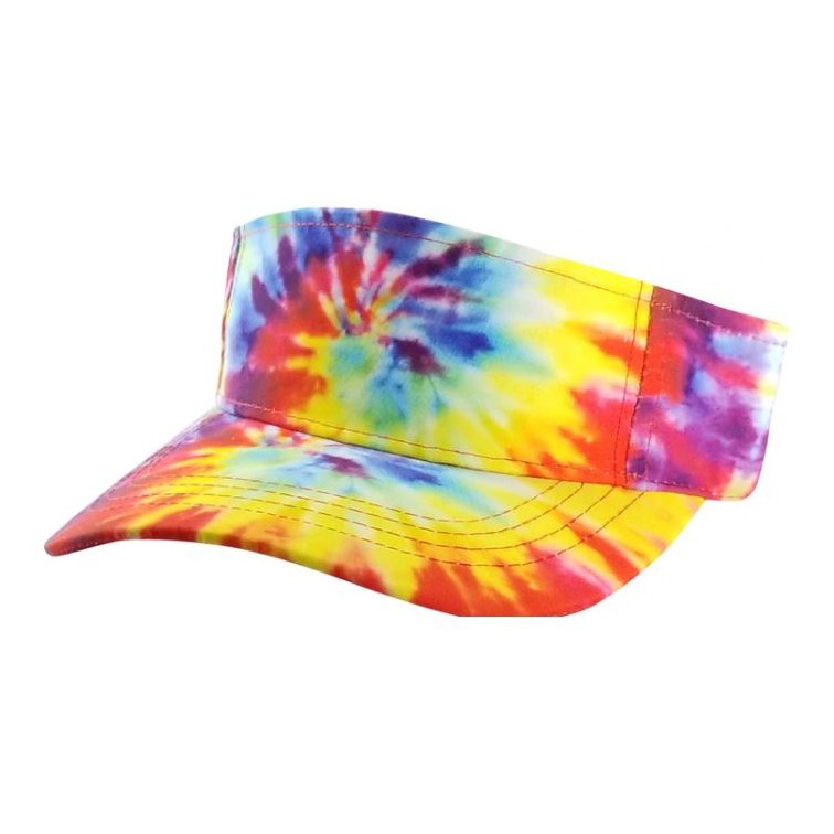 A colorful pack of six Cambridge Tie Dye Sun Visors, showcasing vibrant patterns and a classic design with adjustable snap closures.