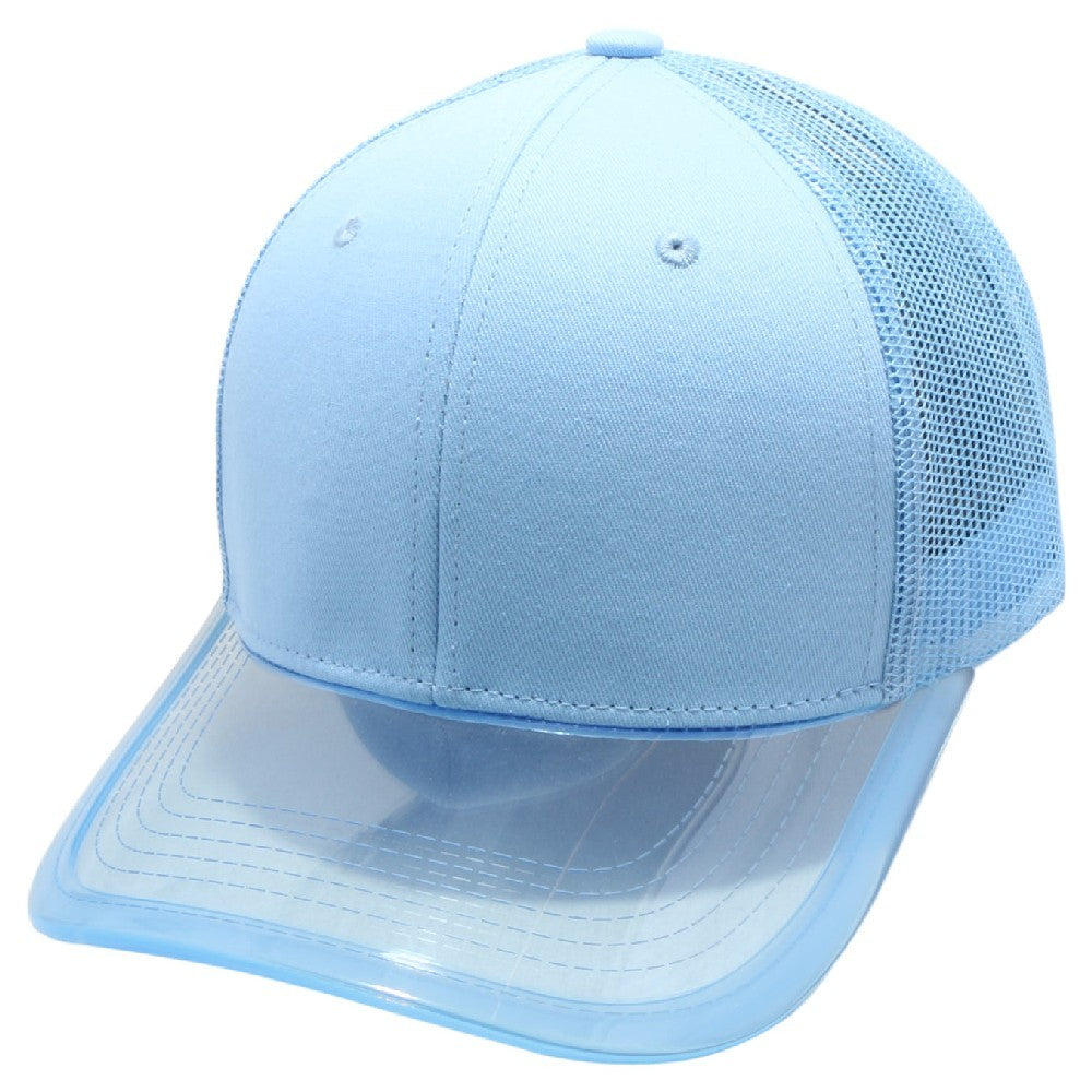 A pack of six CAMBRIDGE TRANSPARENCY VISOR MESH TRUCKER hats featuring a curved transparent visor and breathable mesh panels.