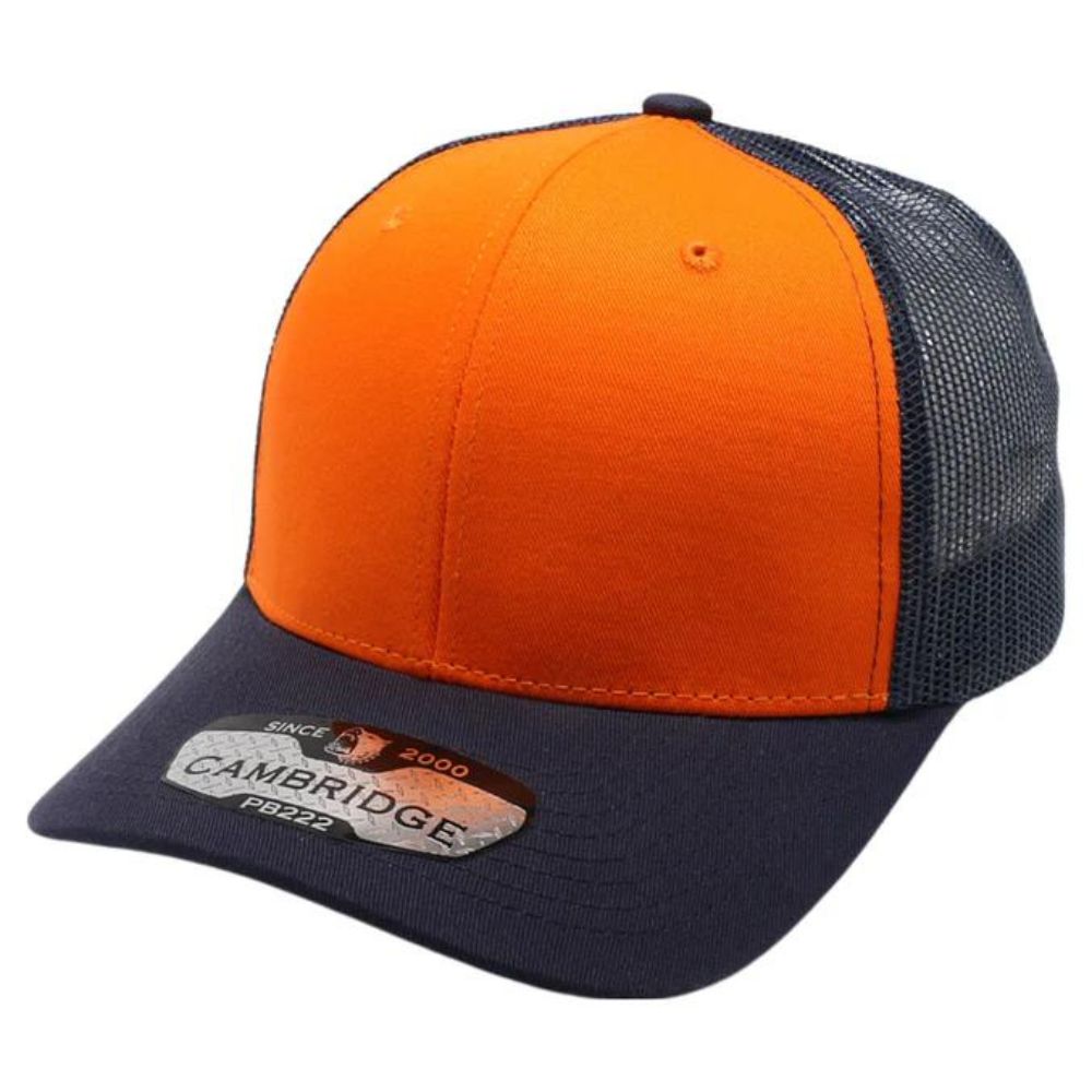 A pack of six Cambridge Trucker Hats featuring a classic mid-profile design with a curved visor, made from cotton and polyester blend.