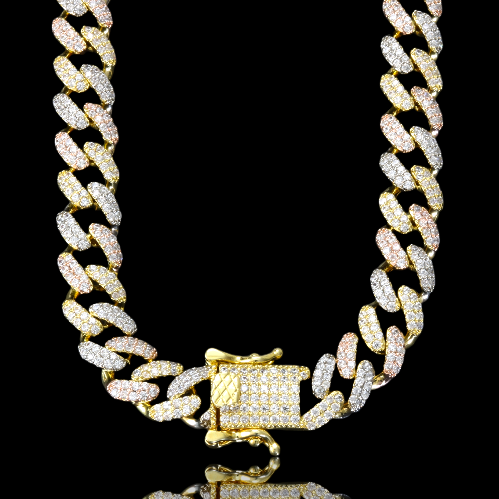 CAMEO 8MM Cuban Chain featuring luxurious Cubic Zirconia stones on brass copper metal, showcasing its elegant design.