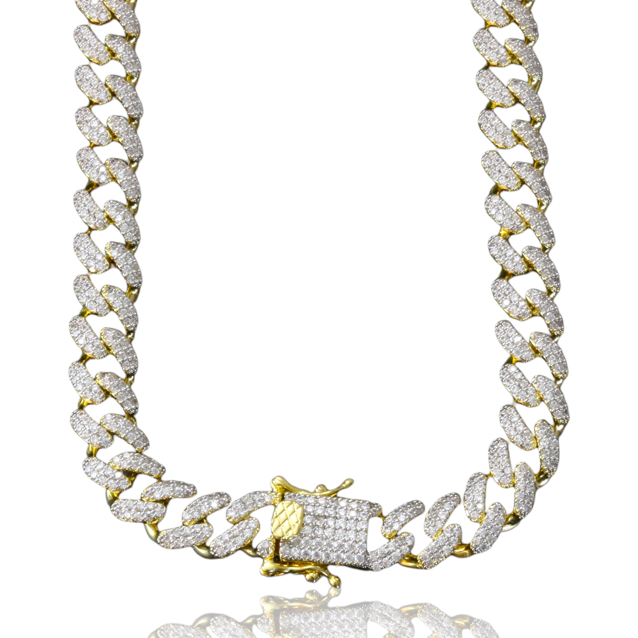 CAMEO 8MM Cuban Chain featuring luxurious Cubic Zirconia stones on brass copper metal, showcasing its elegant design.