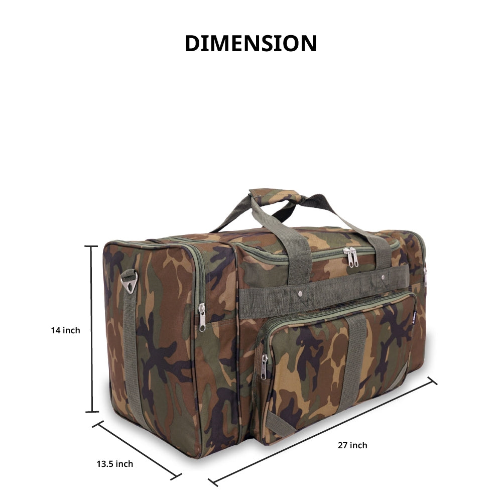 Camo Duffel Bag featuring a camouflage print, large compartments, and adjustable padded shoulder strap.