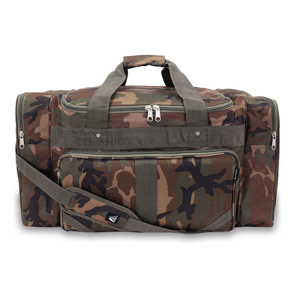 Camo Duffel Bag featuring a camouflage print, large compartments, and adjustable padded shoulder strap.