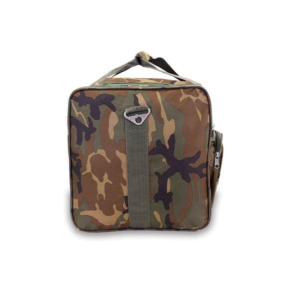 Camo Duffel Bag featuring a camouflage print, large compartments, and adjustable padded shoulder strap.