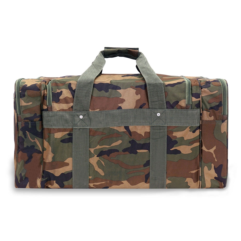 Camo Duffel Bag featuring a camouflage print, large compartments, and adjustable padded shoulder strap.