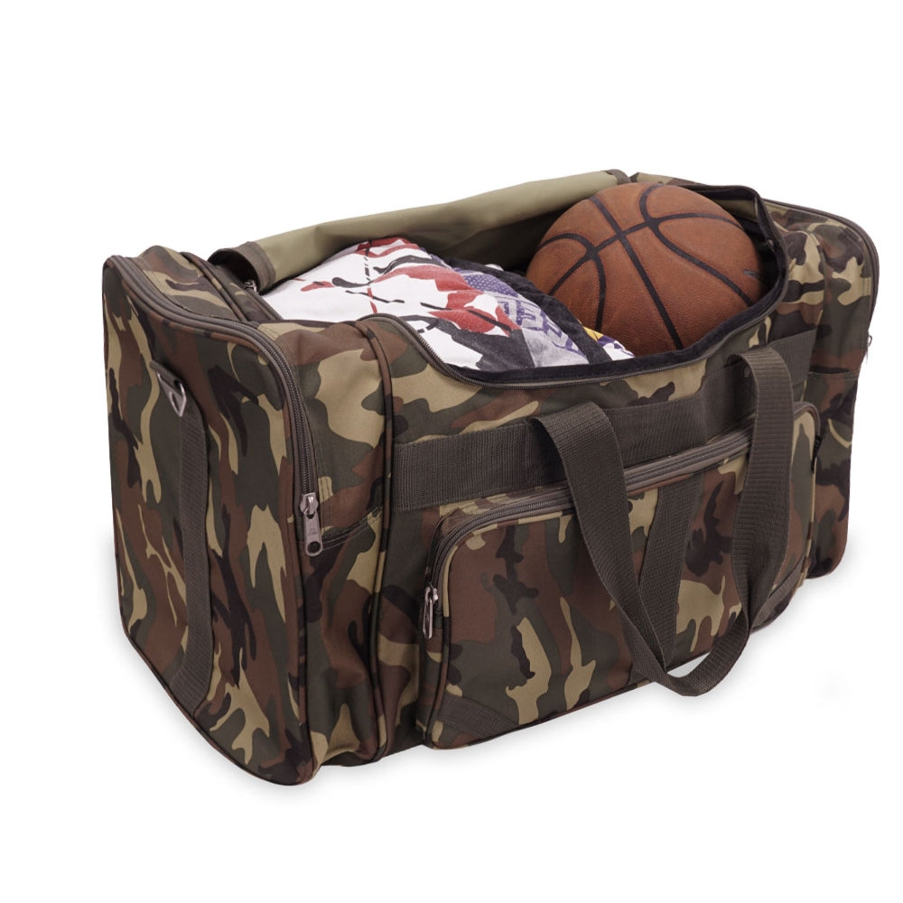 Camo Duffel Bag featuring a camouflage print, large compartments, and adjustable padded shoulder strap.