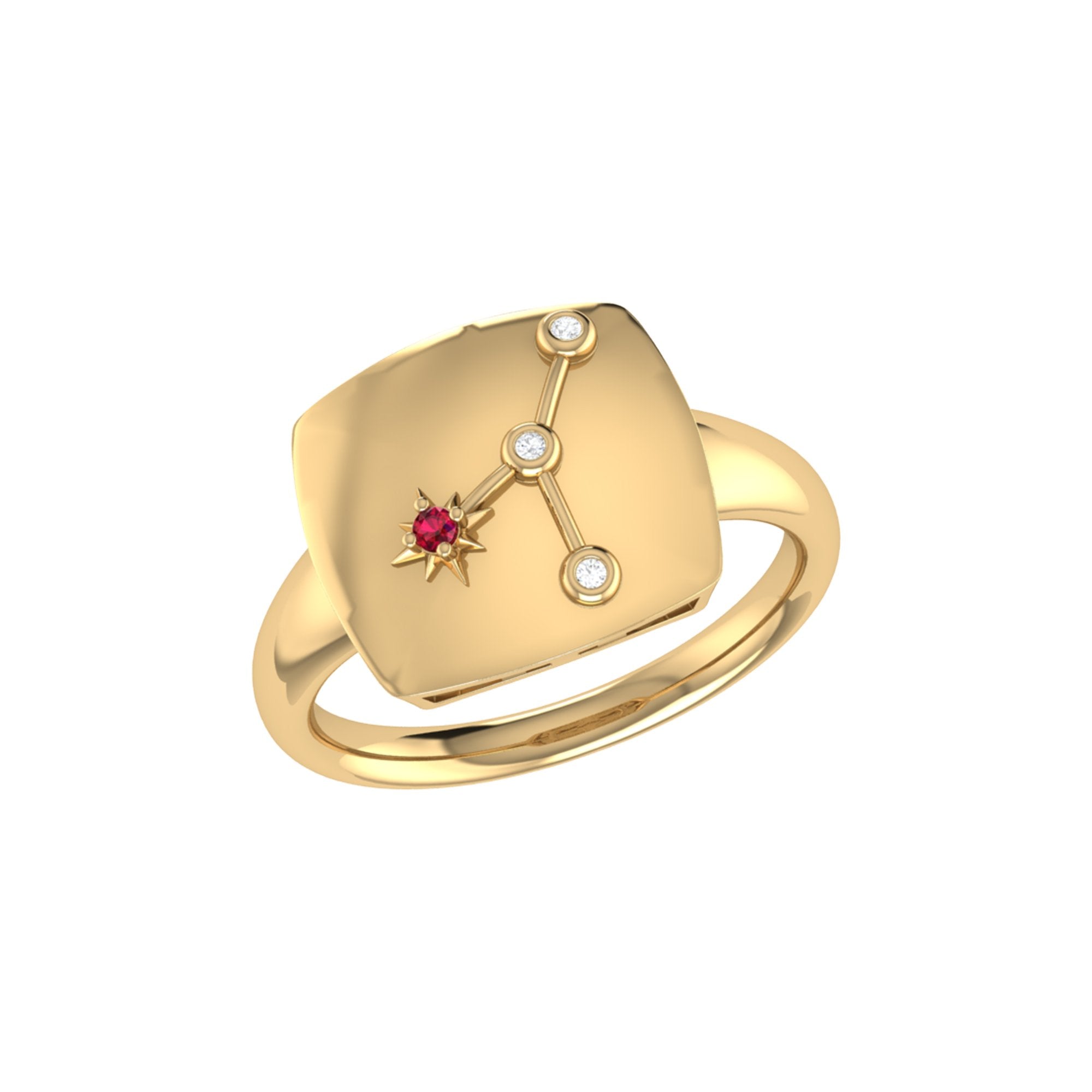 Cancer Crab Ruby & Diamond Constellation Signet Ring in 14K Yellow Gold, featuring a ruby gemstone and diamond accents.