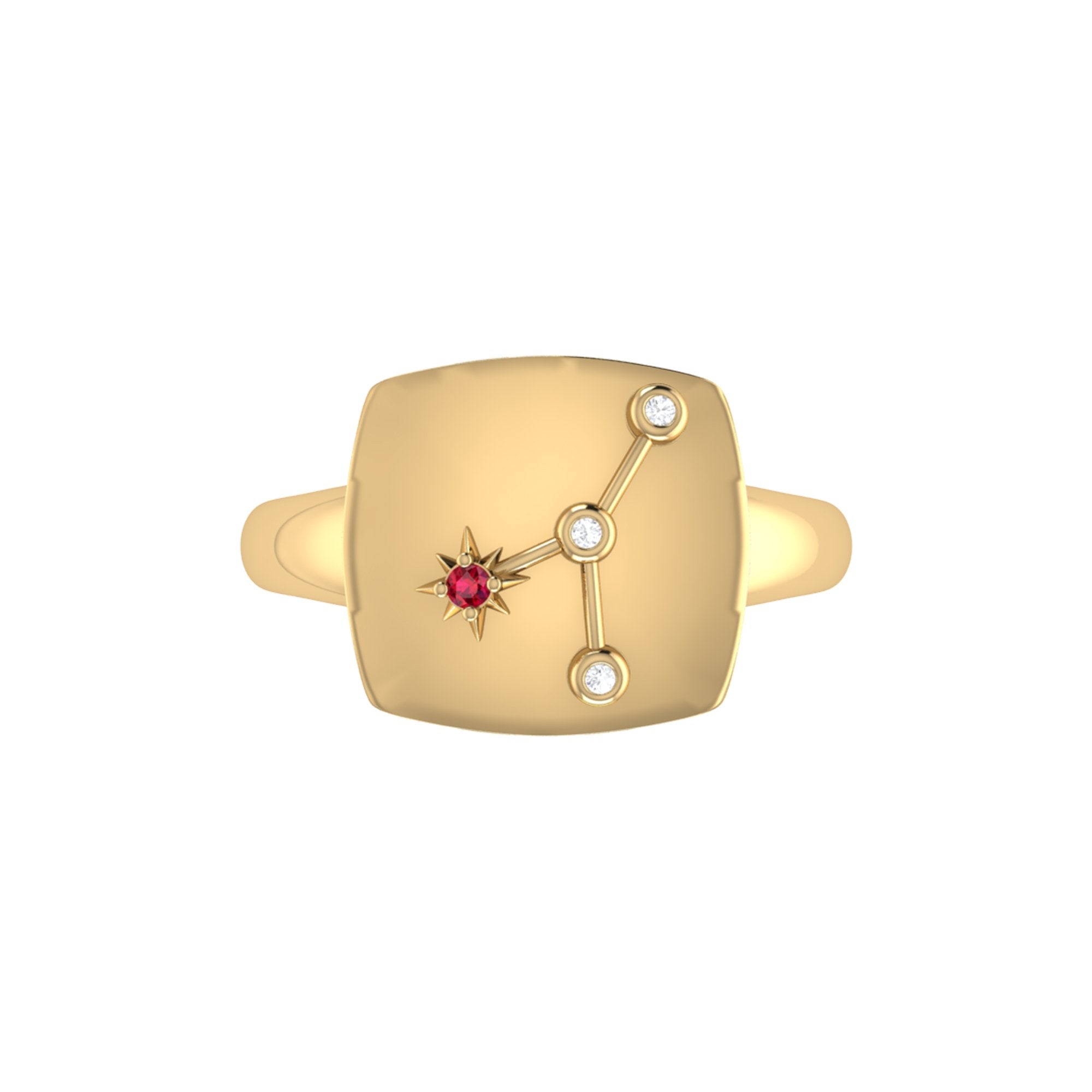 Cancer Crab Ruby & Diamond Constellation Signet Ring in 14K Yellow Gold, featuring a ruby gemstone and diamond accents.