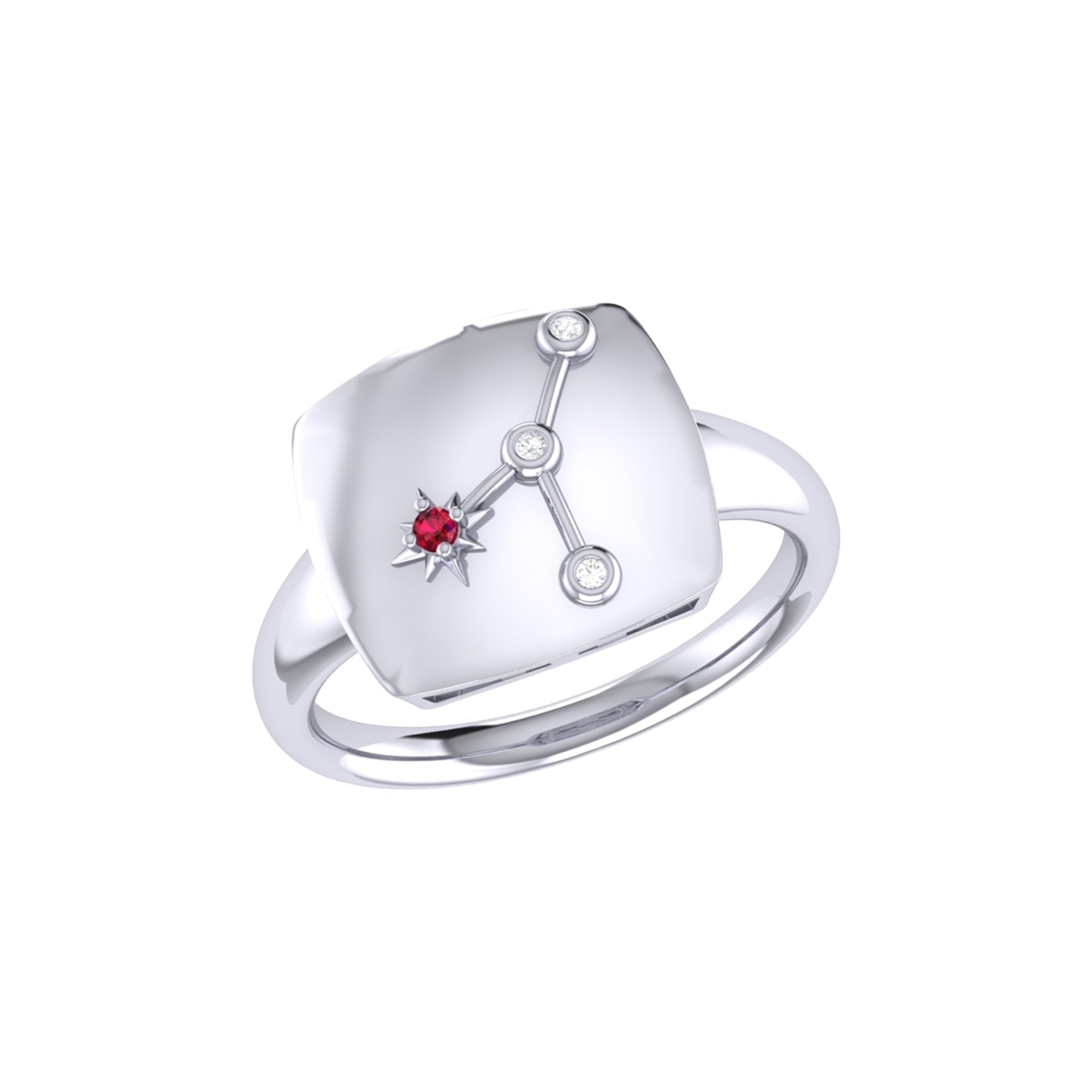 Cancer Crab Ruby & Diamond Constellation Signet Ring in sterling silver, featuring a ruby gemstone and natural diamonds.