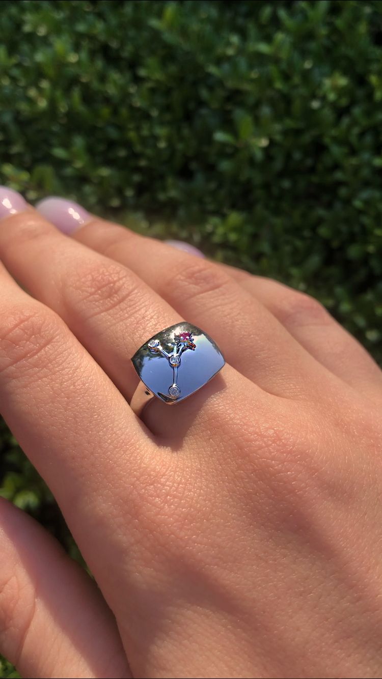 Cancer Crab Ruby & Diamond Constellation Signet Ring in sterling silver, featuring a ruby gemstone and natural diamonds.