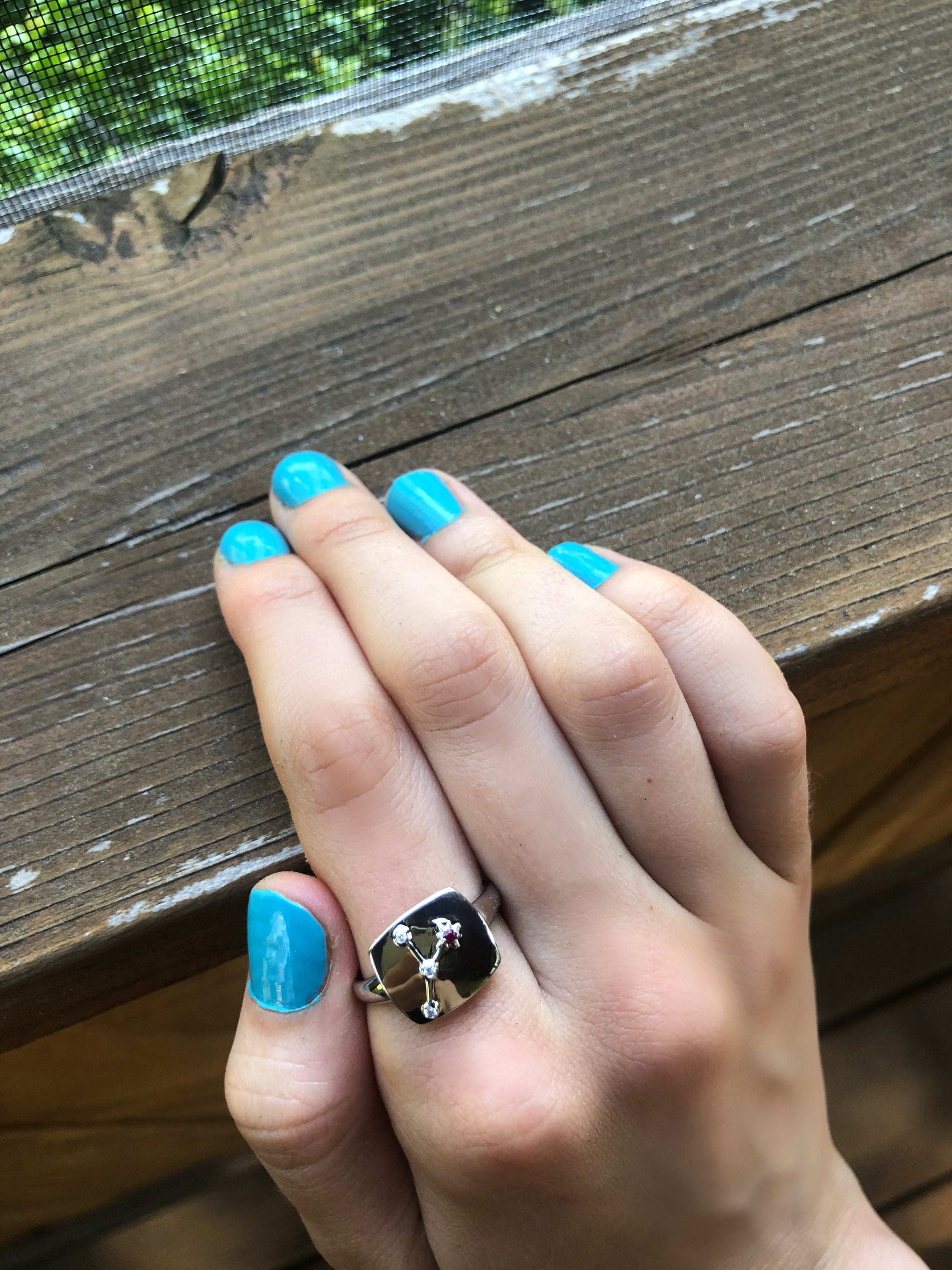 Cancer Crab Ruby & Diamond Constellation Signet Ring in sterling silver, featuring a ruby gemstone and natural diamonds.