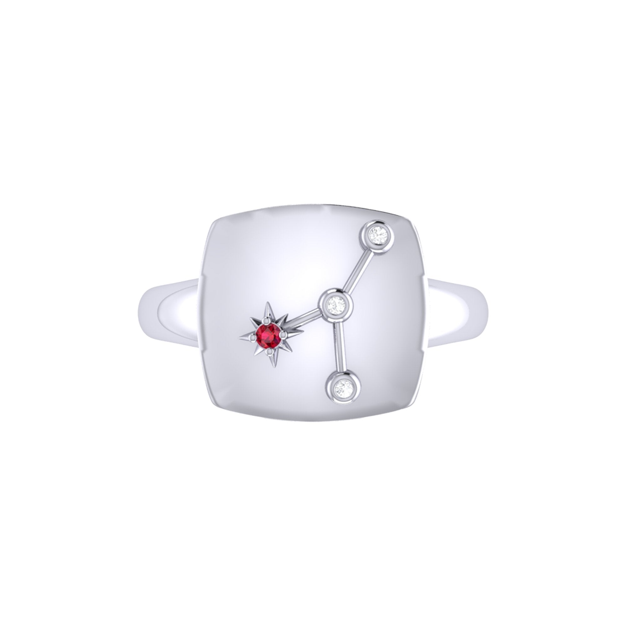 Cancer Crab Ruby & Diamond Constellation Signet Ring in sterling silver, featuring a ruby gemstone and natural diamonds.