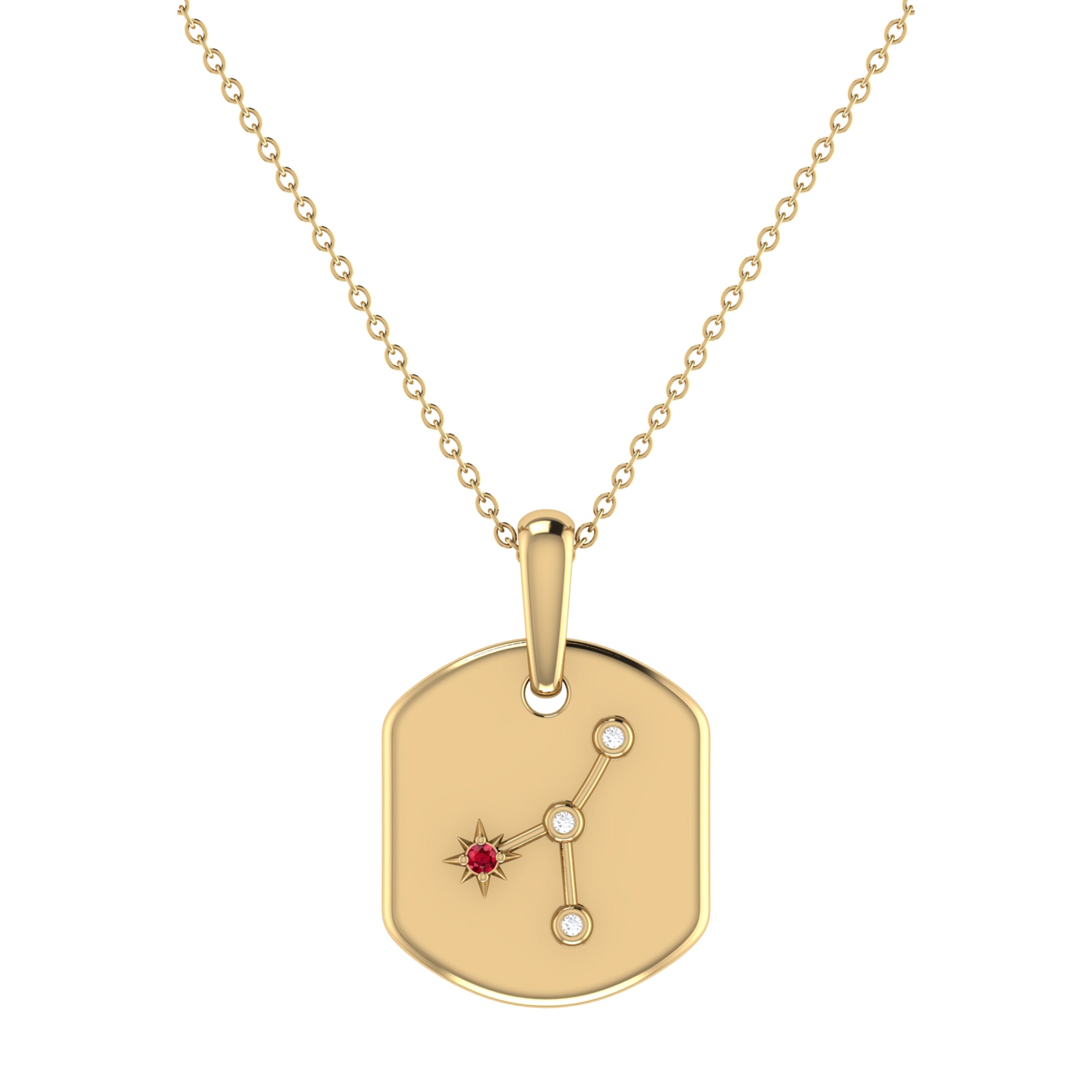 Cancer Crab Ruby & Diamond Constellation Tag Pendant Necklace in 14K gold with adjustable chain and ruby gemstone.