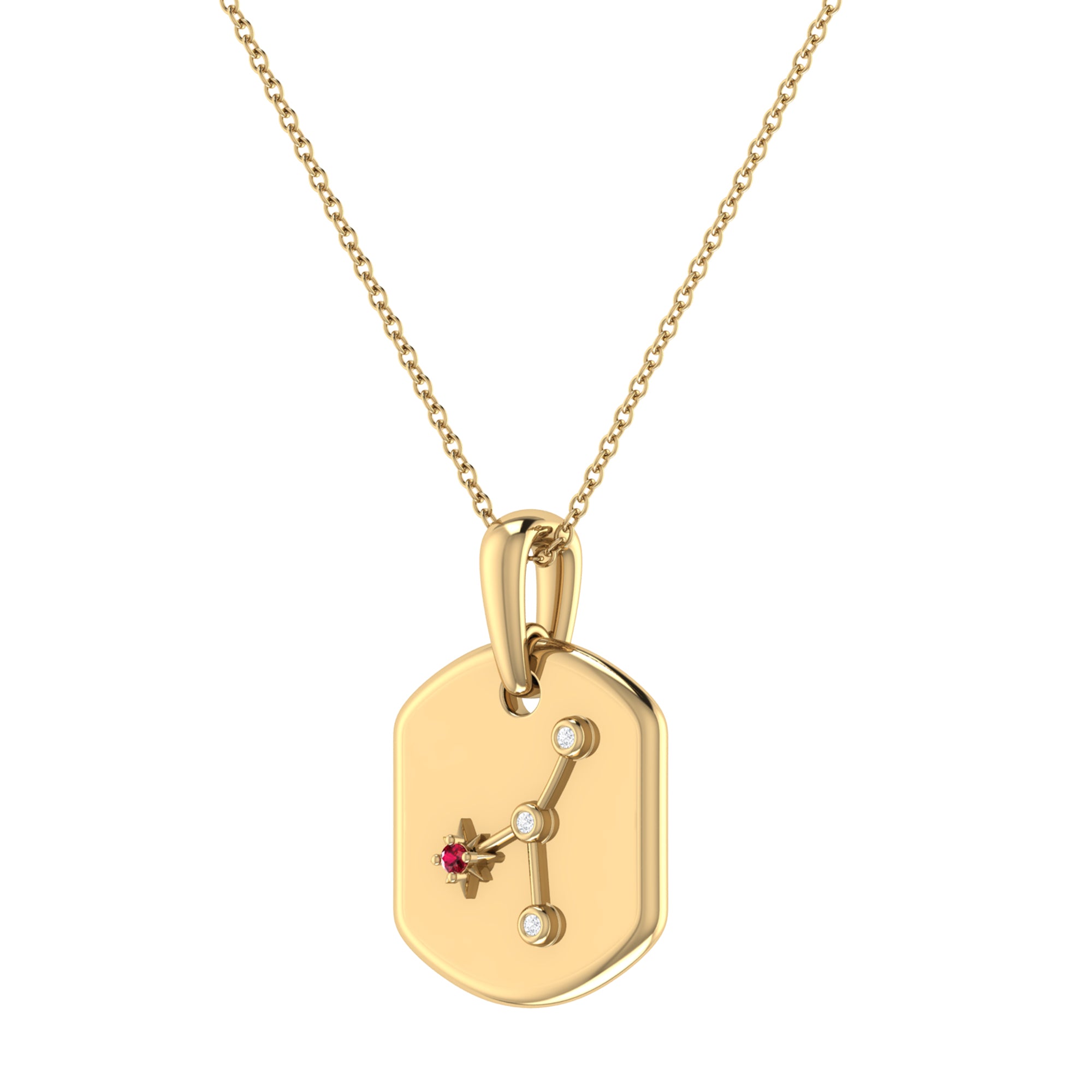 Cancer Crab Ruby & Diamond Constellation Tag Pendant Necklace in 14K gold with adjustable chain and ruby gemstone.