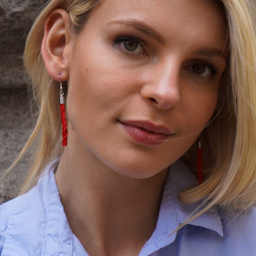 Colorful Candy Upcycled Electrical Wire Earrings, handcrafted from recycled materials, featuring sterling silver hooks.