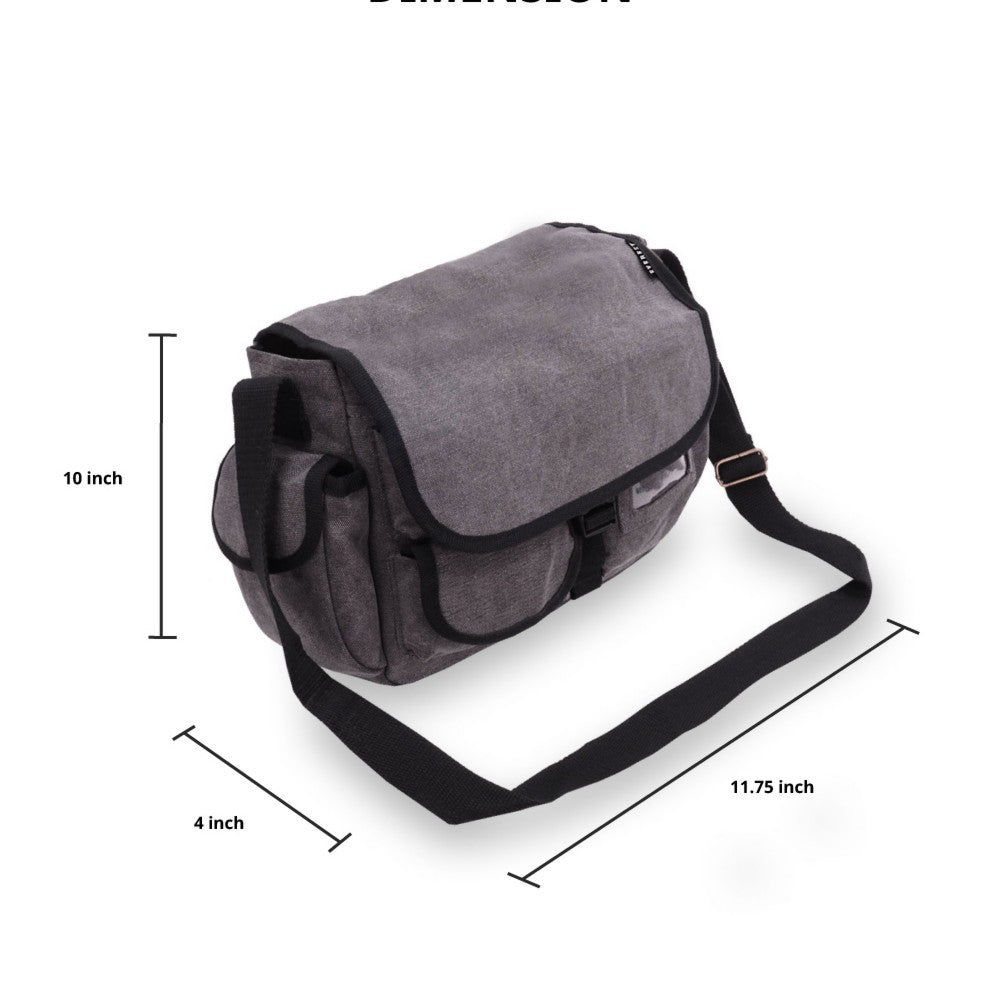 A large cotton canvas messenger bag with two side pockets and a front flap, showcasing its spacious design and stylish appearance.