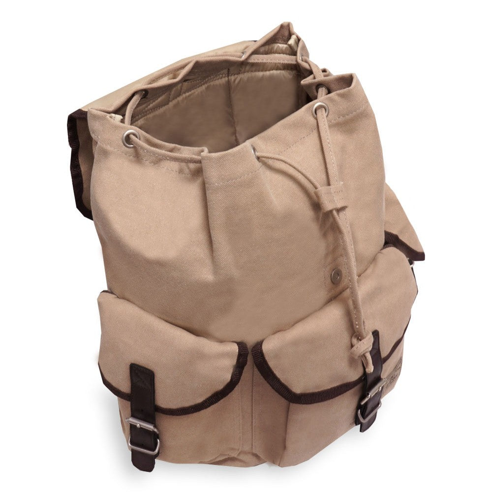 Stylish Canvas Rucksack with drawstring closure and external pockets, perfect for everyday use.