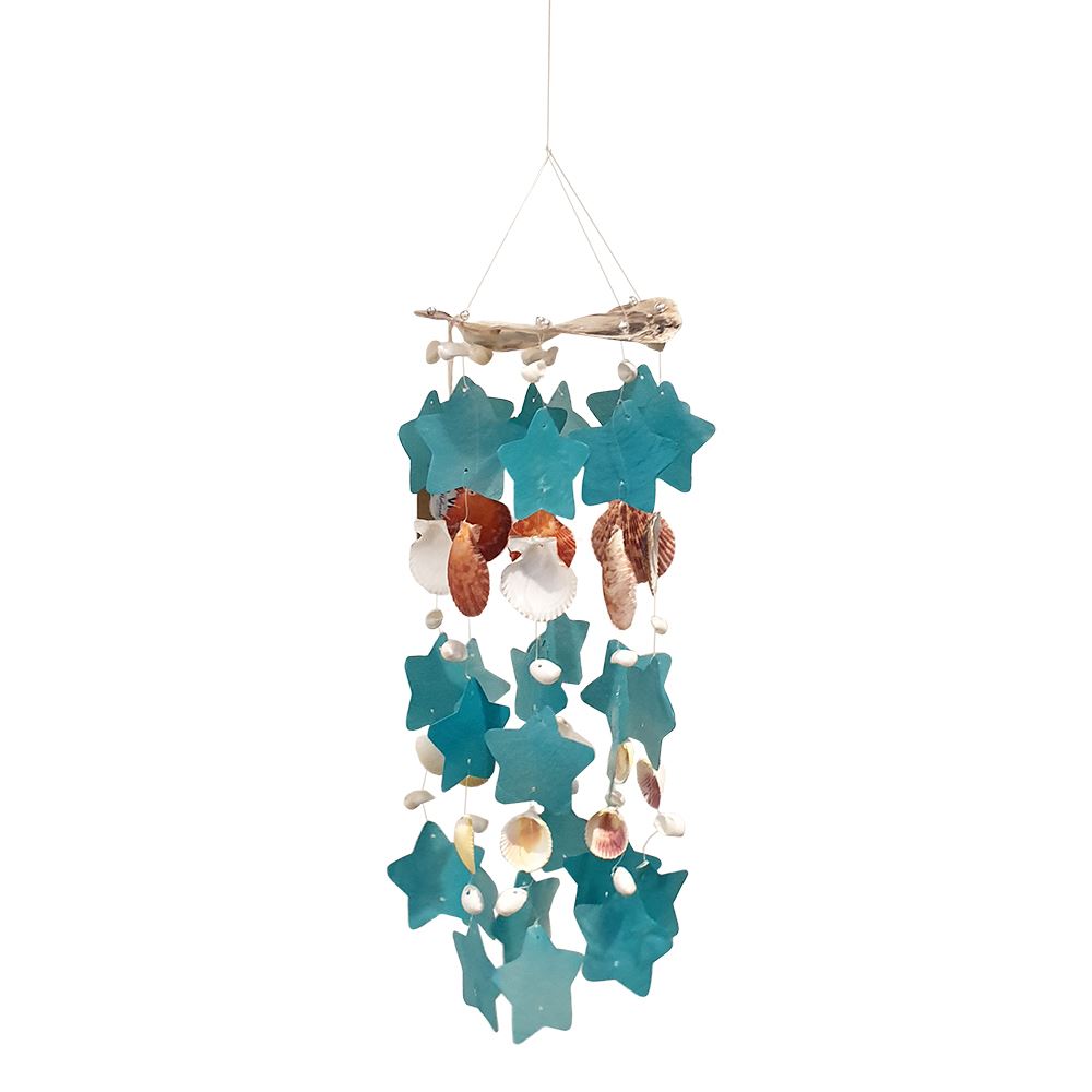 A beautifully handcrafted Capiz & Seashell Wind Chime, featuring delicate capiz shells in a soothing design, perfect for indoor or outdoor decor.