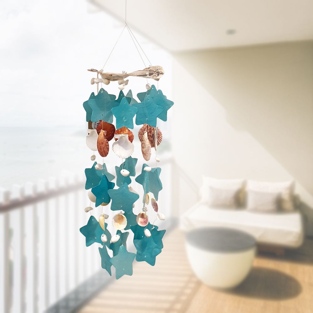 A beautifully handcrafted Capiz & Seashell Wind Chime, featuring delicate capiz shells in a soothing design, perfect for indoor or outdoor decor.