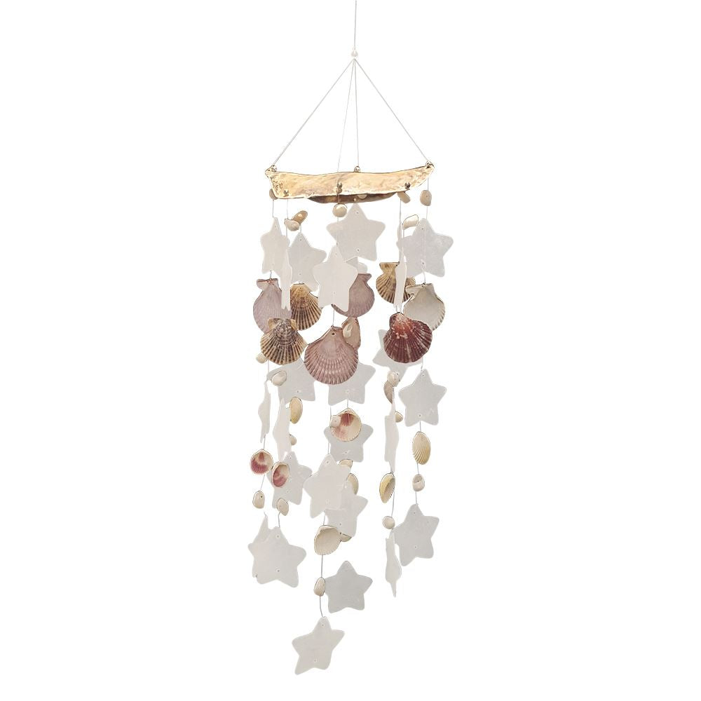 A beautifully handcrafted Capiz & Seashell Wind Chime, featuring delicate capiz shells in a soothing design, perfect for indoor or outdoor decor.