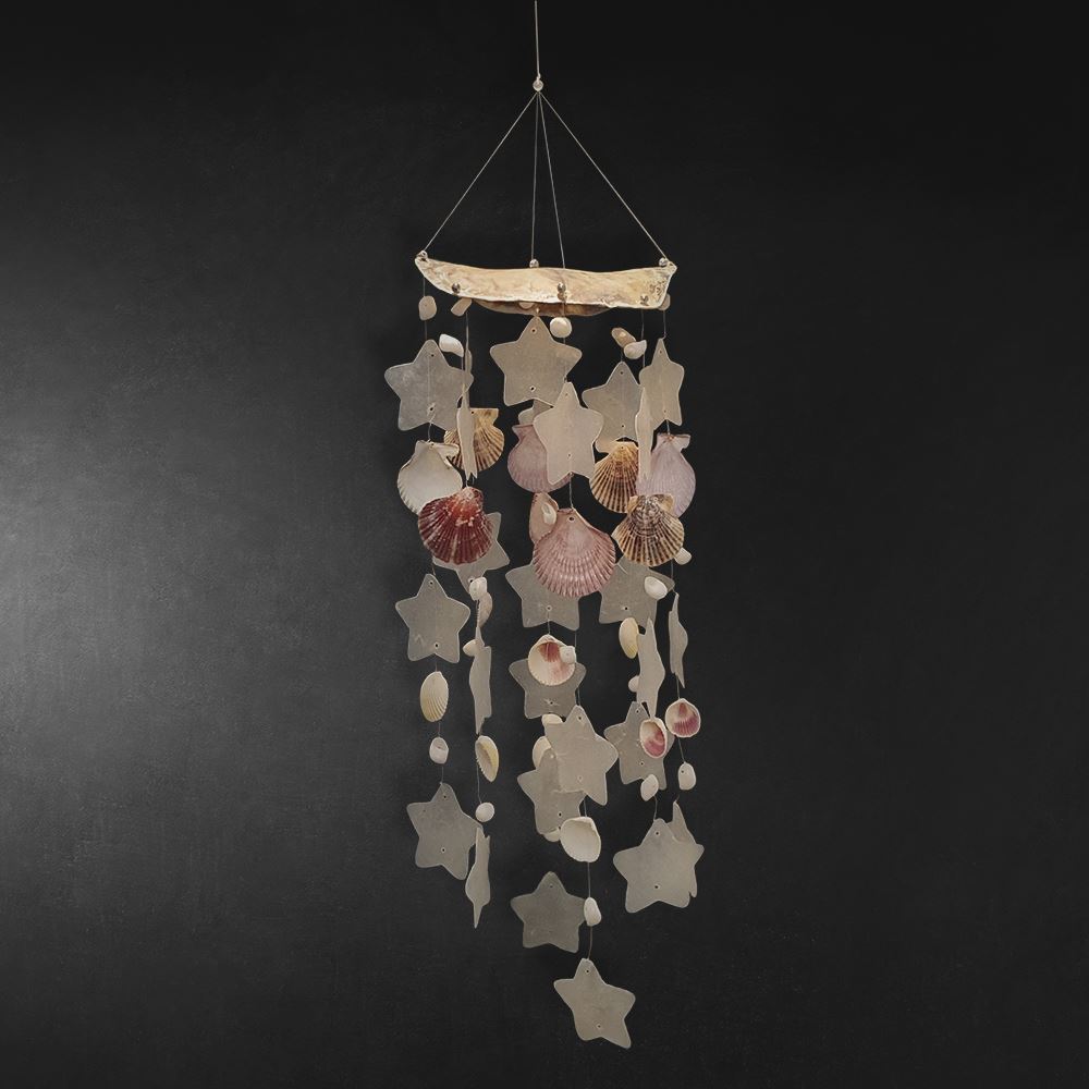 A beautifully handcrafted Capiz & Seashell Wind Chime, featuring delicate capiz shells in a soothing design, perfect for indoor or outdoor decor.