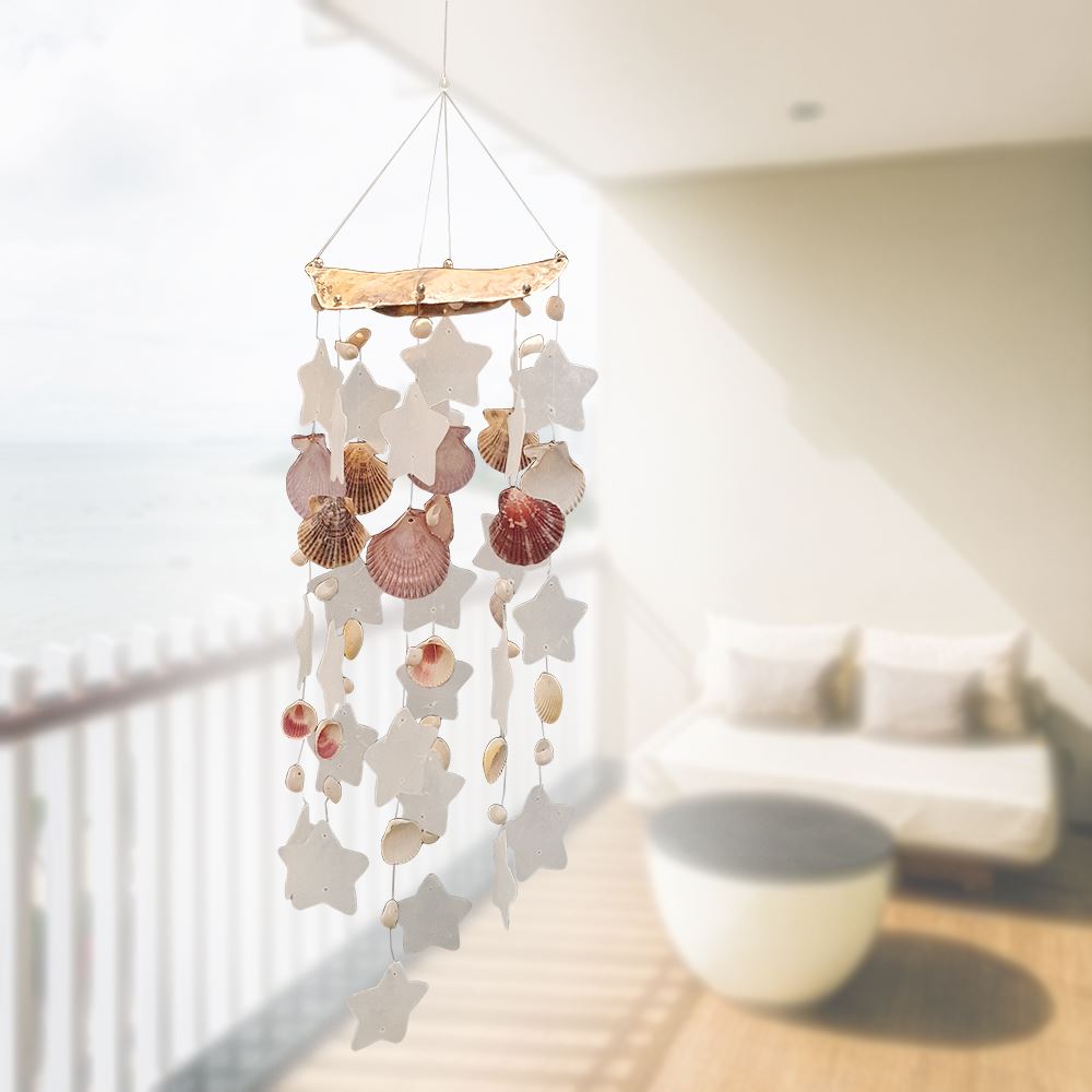 A beautifully handcrafted Capiz & Seashell Wind Chime, featuring delicate capiz shells in a soothing design, perfect for indoor or outdoor decor.