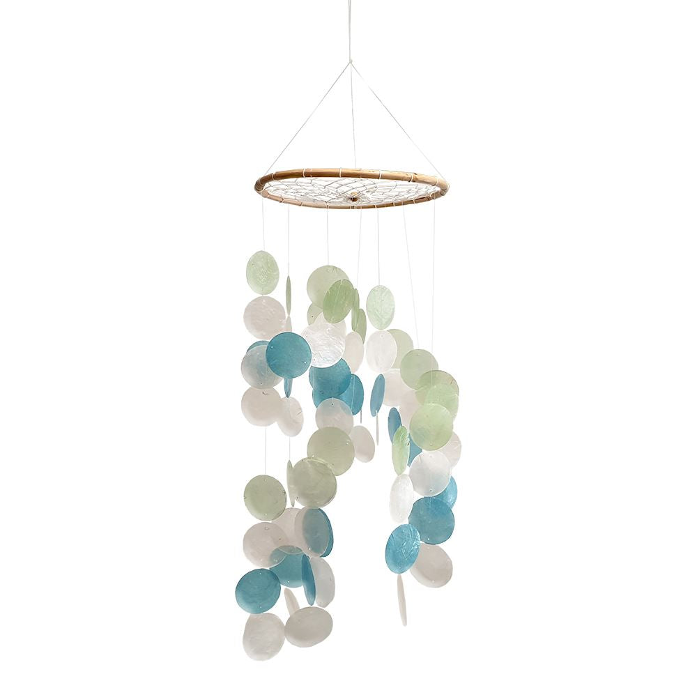 A beautifully handcrafted Capiz & Seashell Wind Chime, featuring delicate capiz shells in a soothing design, perfect for indoor or outdoor decor.