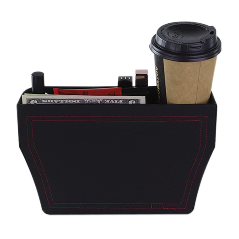 Multifunctional Car Seat Organizer in a vehicle, showcasing its compartments for phone, snacks, and other essentials.