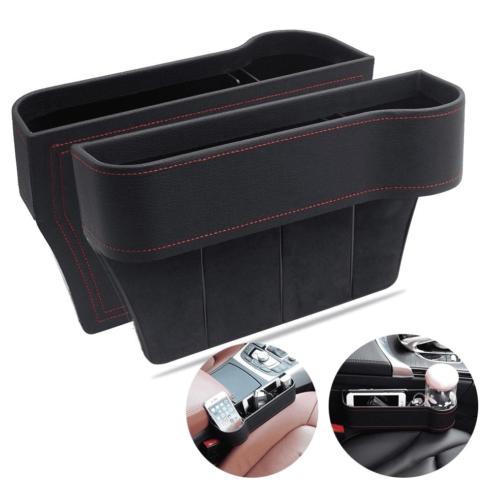 Multifunctional Car Seat Organizer in a vehicle, showcasing its compartments for phone, snacks, and other essentials.