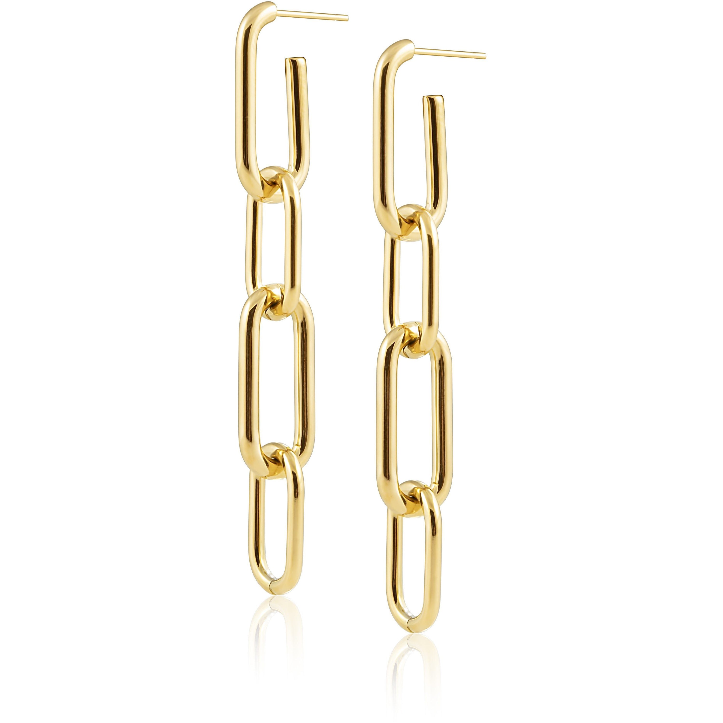 Carrie Paperclip Link Earrings featuring a modern design in 18k gold plating, showcasing their elegant and versatile style.