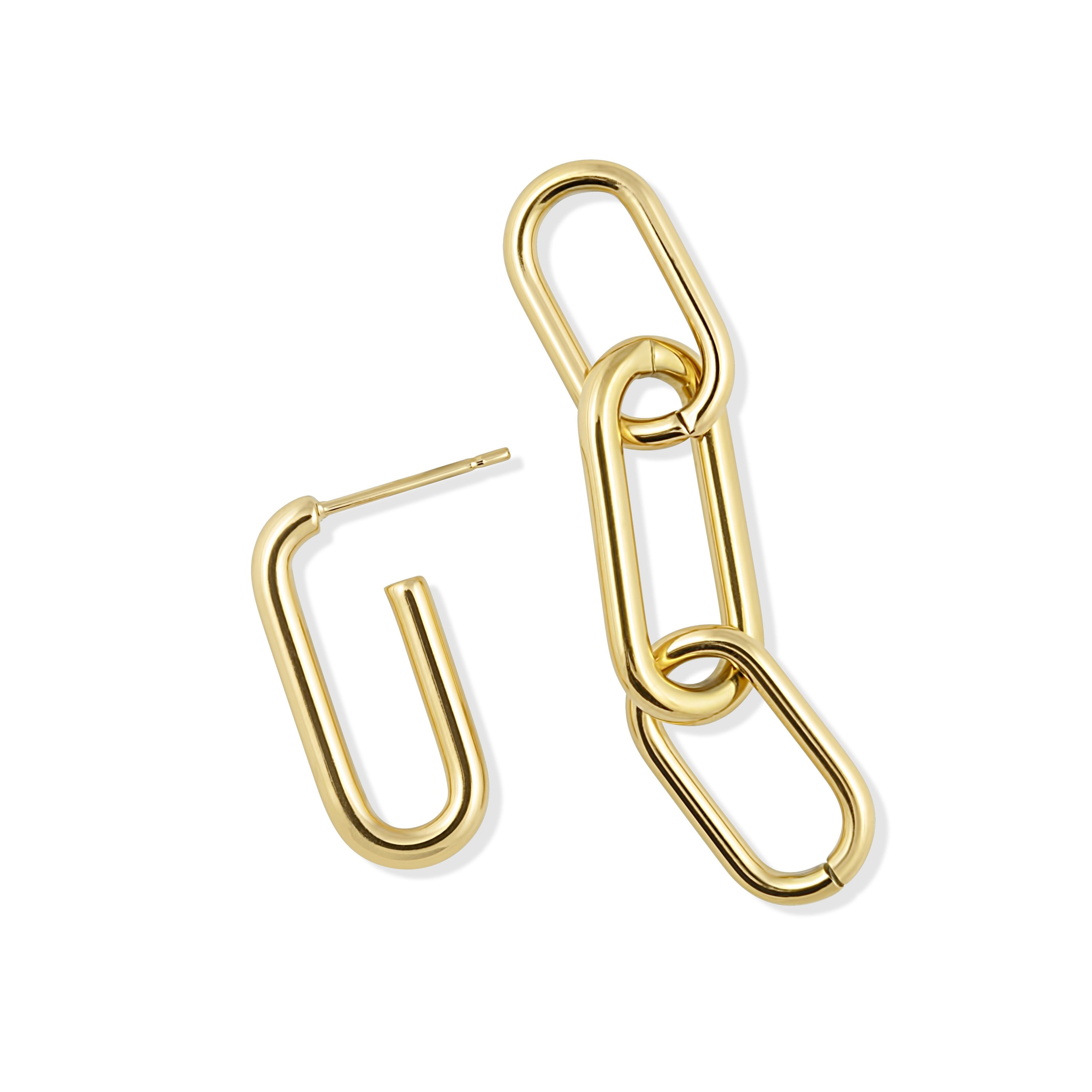 Carrie Paperclip Link Earrings featuring a modern design in 18k gold plating, showcasing their elegant and versatile style.