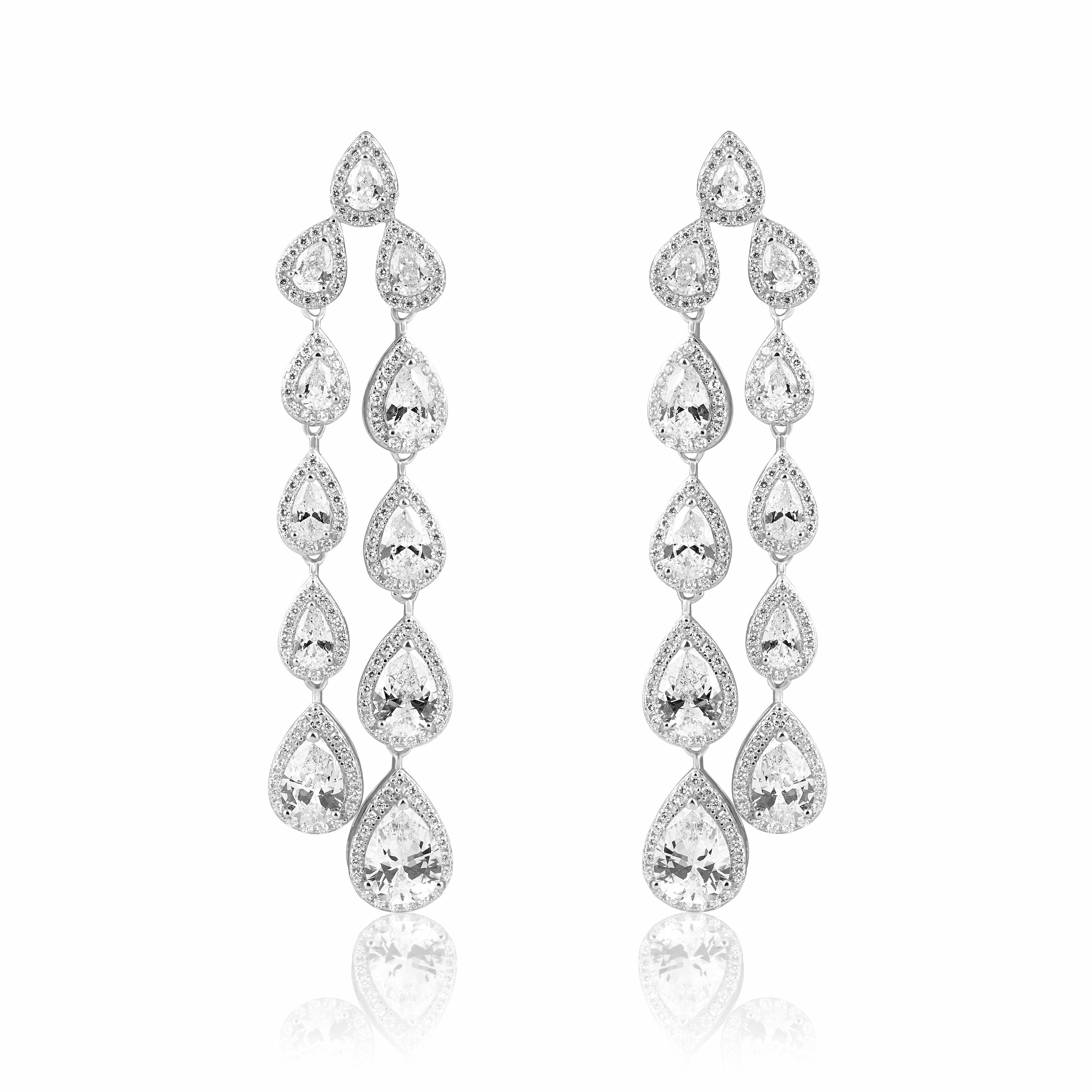 Elegant Carrington Cz Drop Earrings featuring large and mini cz stones set in sterling silver, showcasing a stunning 2.5-inch drop design.