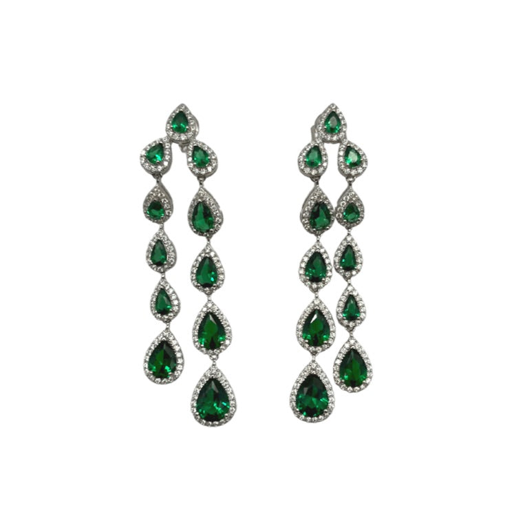 Carrington CZ Drop Emerald Earring featuring large and mini CZ stones set in sterling silver, showcasing elegance and sparkle.