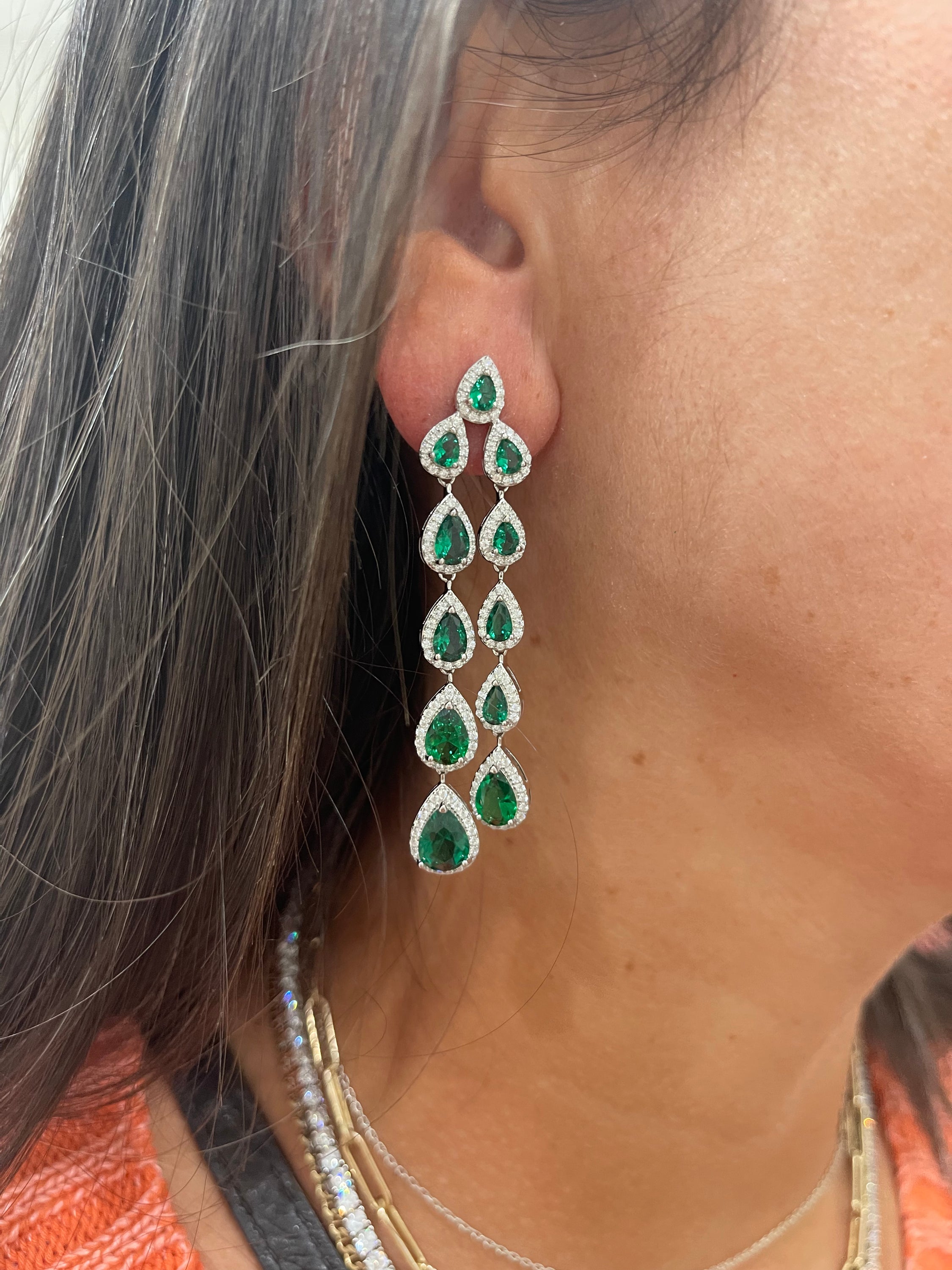 Carrington CZ Drop Emerald Earring featuring large and mini CZ stones set in sterling silver, showcasing elegance and sparkle.