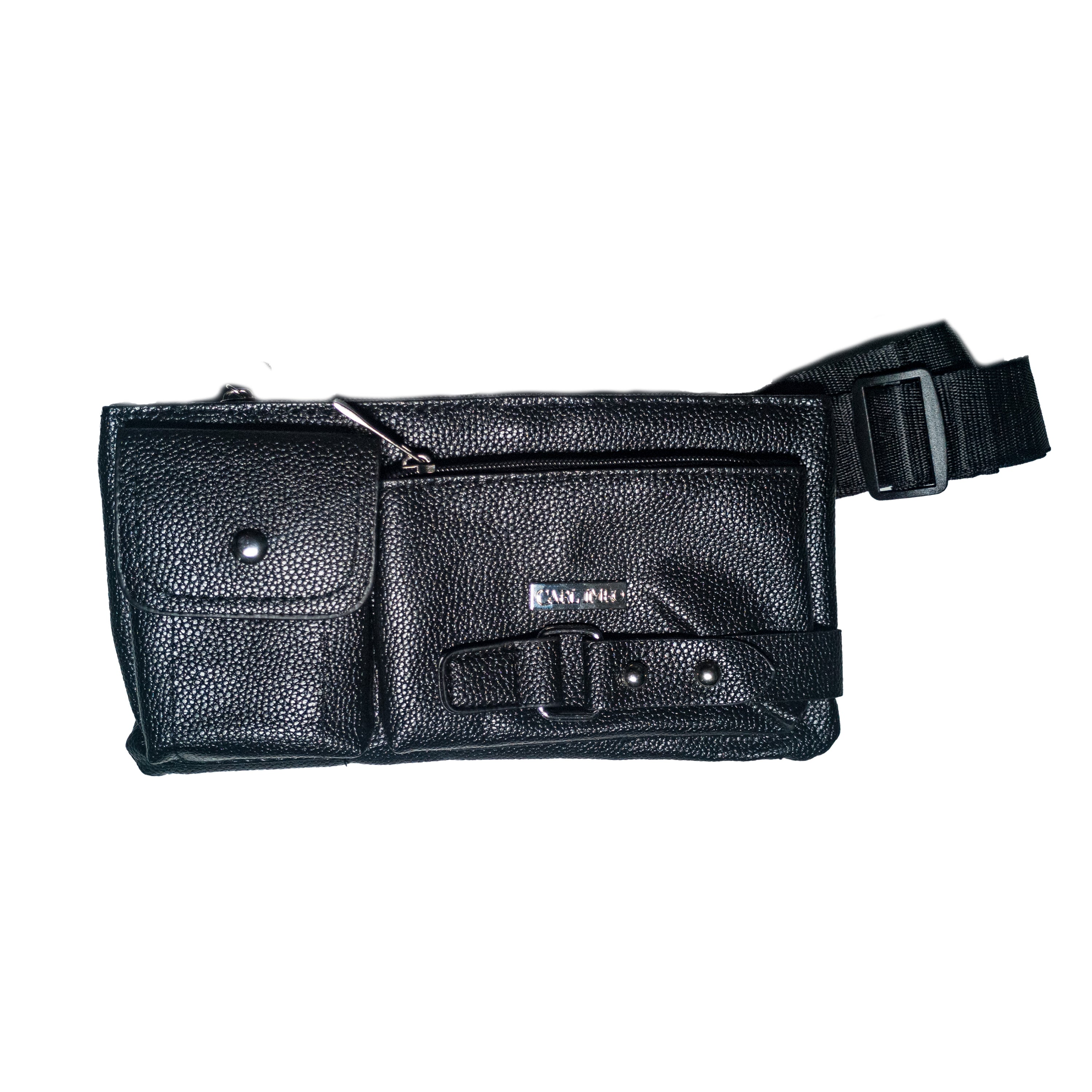 Carl Imro BSN fanny pack in black and brown, made from recycled PU leather, showcasing its stylish design and adjustable strap.