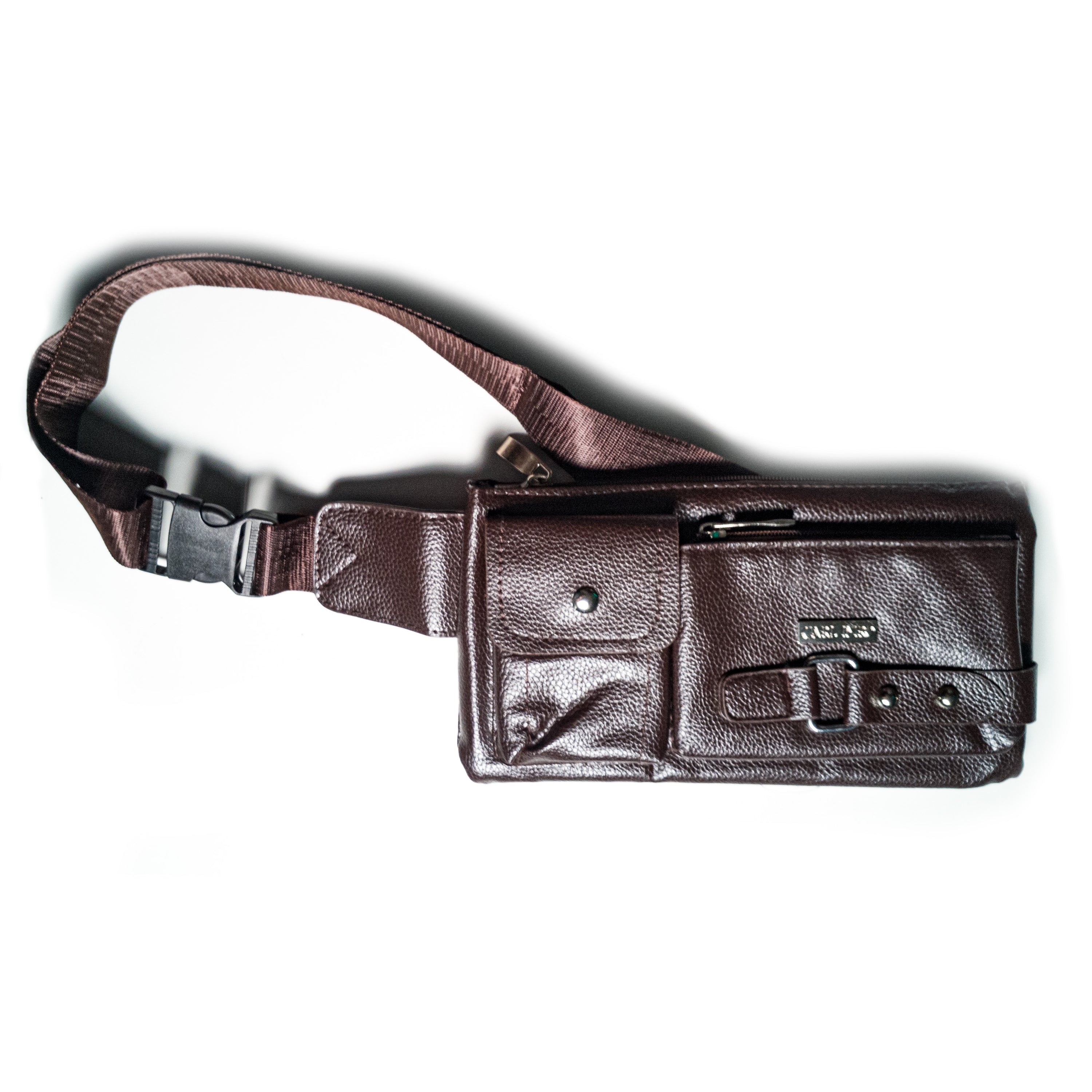 Carl Imro BSN fanny pack in black and brown, made from recycled PU leather, showcasing its stylish design and adjustable strap.