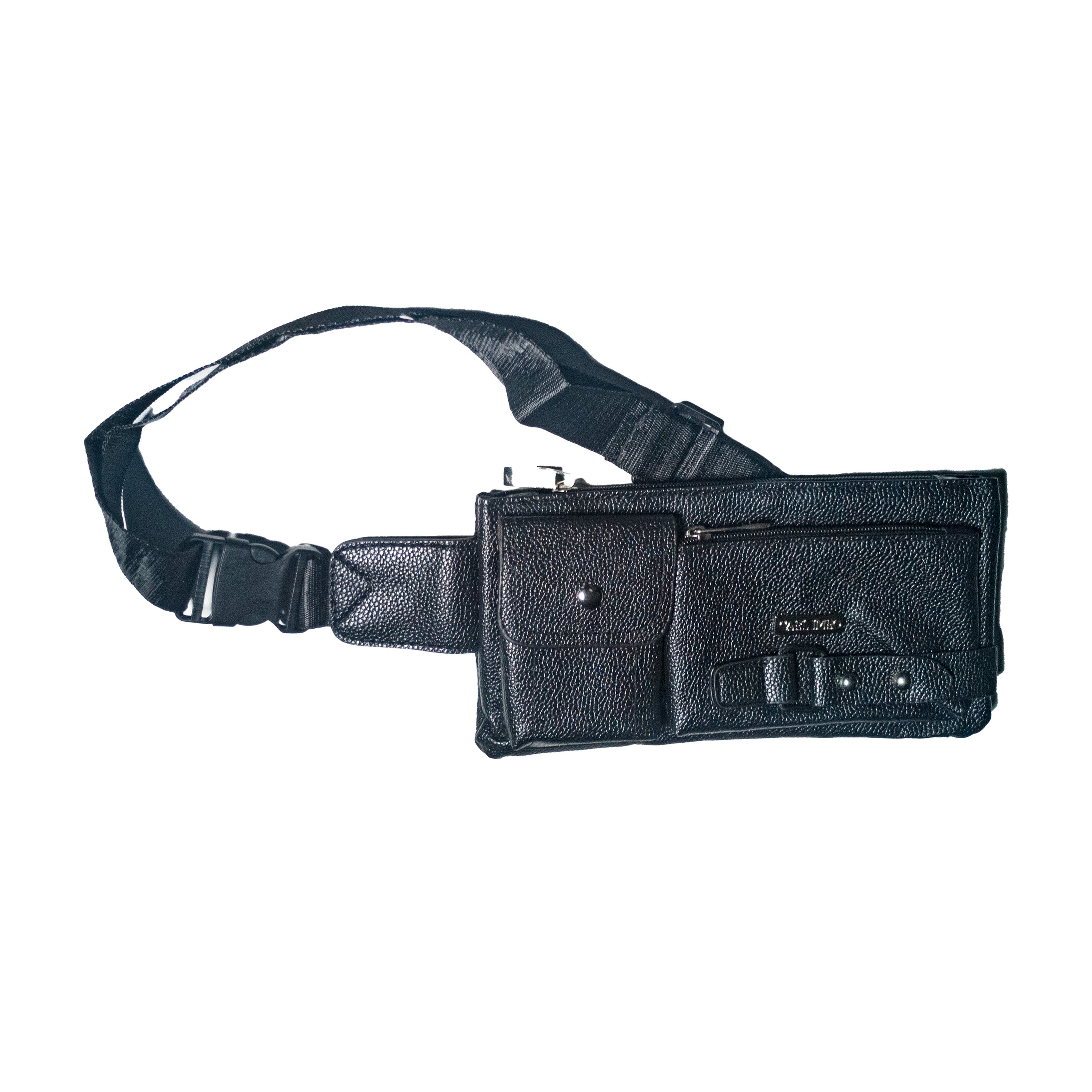 Carl Imro BSN fanny pack in black and brown, made from recycled PU leather, showcasing its stylish design and adjustable strap.