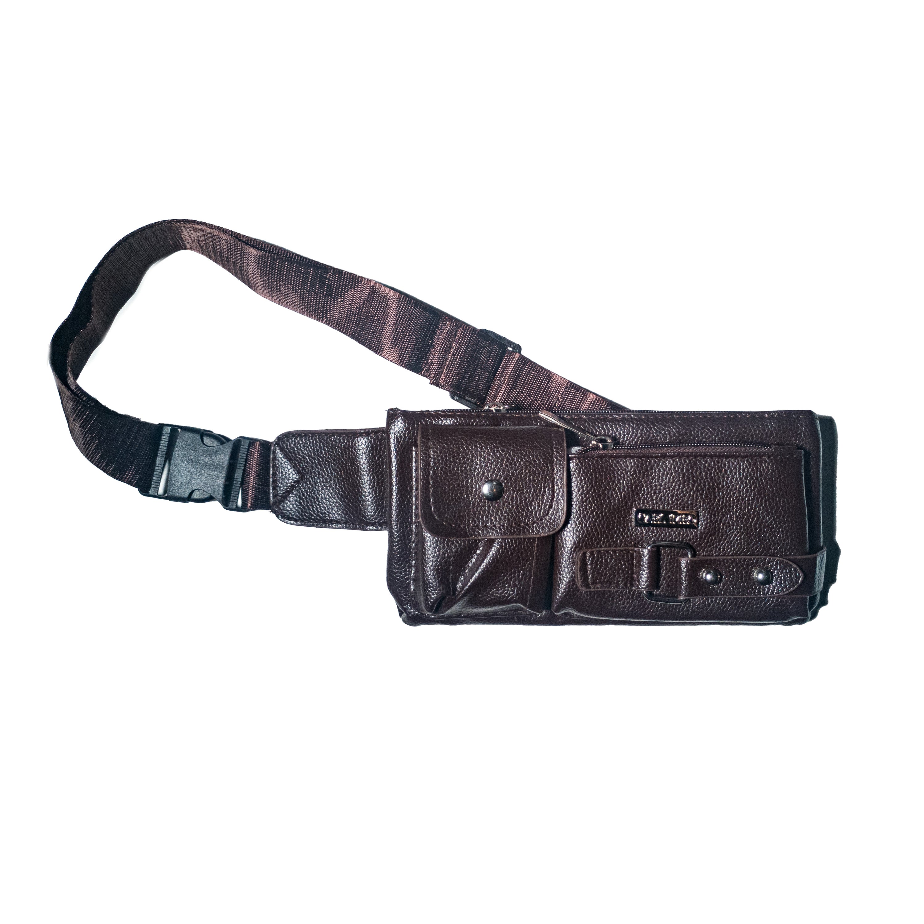 Carl Imro BSN fanny pack in black and brown, made from recycled PU leather, showcasing its stylish design and adjustable strap.