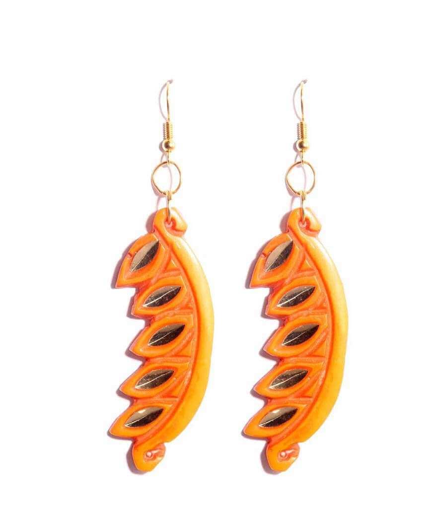 Handmade Carved Edgy Earrings featuring a half leaf design with golden detailing, available in multiple colors.