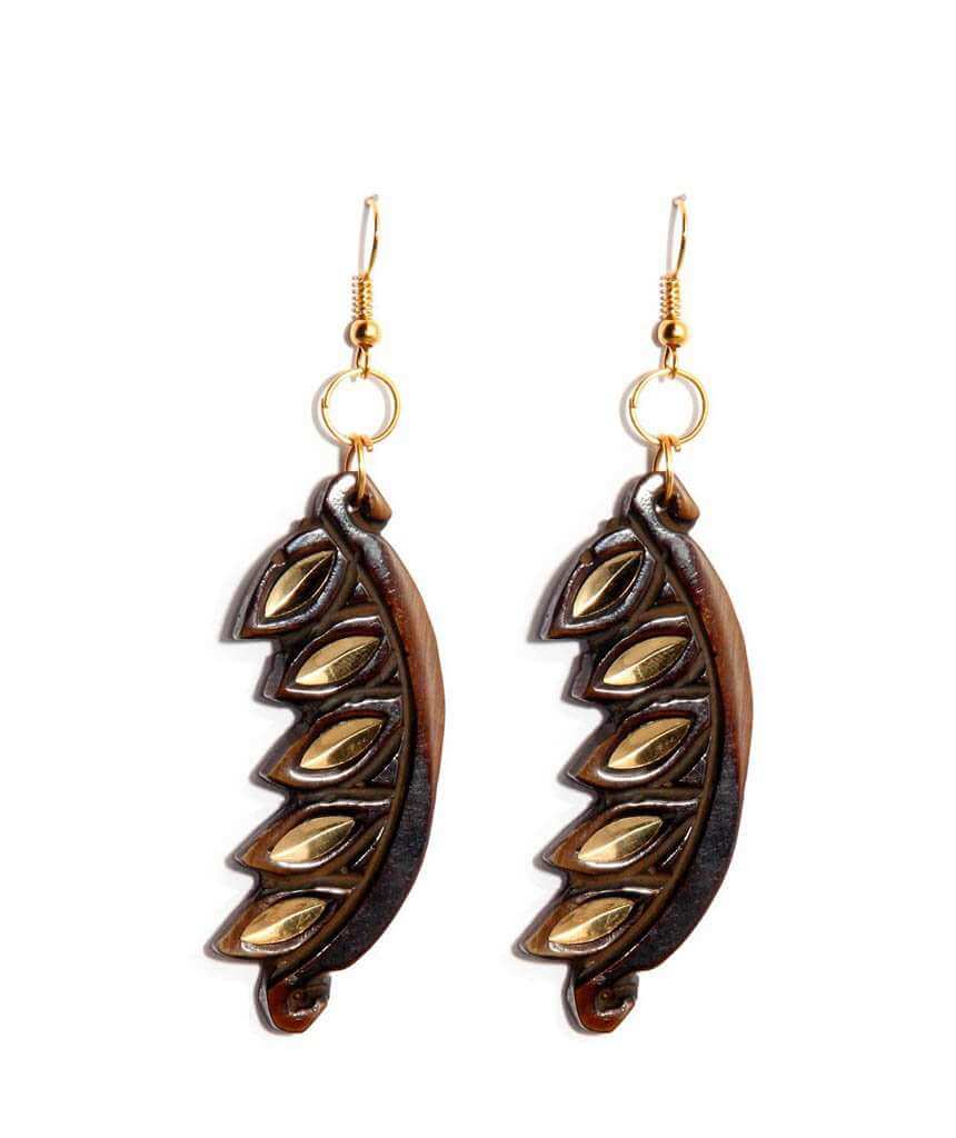 Handmade Carved Edgy Earrings featuring a half leaf design with golden detailing, available in multiple colors.