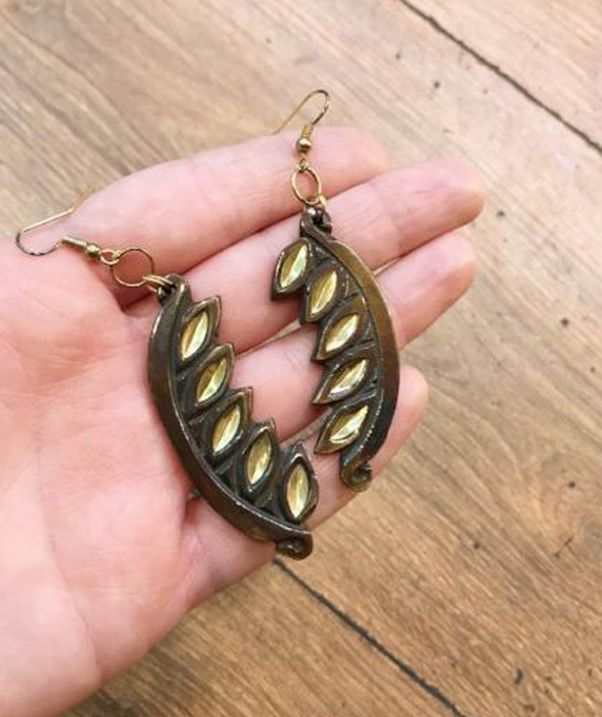 Handmade Carved Edgy Earrings featuring a half leaf design with golden detailing, available in multiple colors.